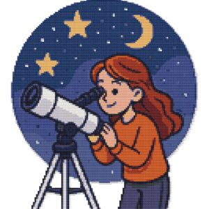 Astronomer girl with a telescope looks at the stars - Cross stitch pattern