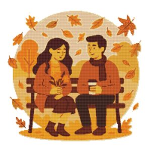 Couple in love with coffee in autumn - Cross stitch pattern