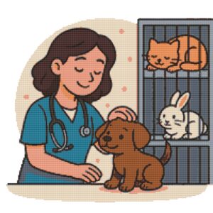 Female veterinarian petting a puppy - Cross stitch pattern