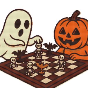 Halloween ghost and pumpkin playing chess - Cross stitch pattern