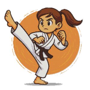 Karate girl in white kimono doing a kick - Cross stitch pattern