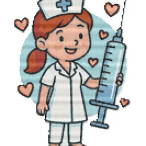 Nurse with a big syringe and hearts around it - Cross stitch pattern