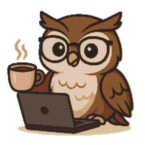Owl drinking coffee with laptop - Cross stitch pattern