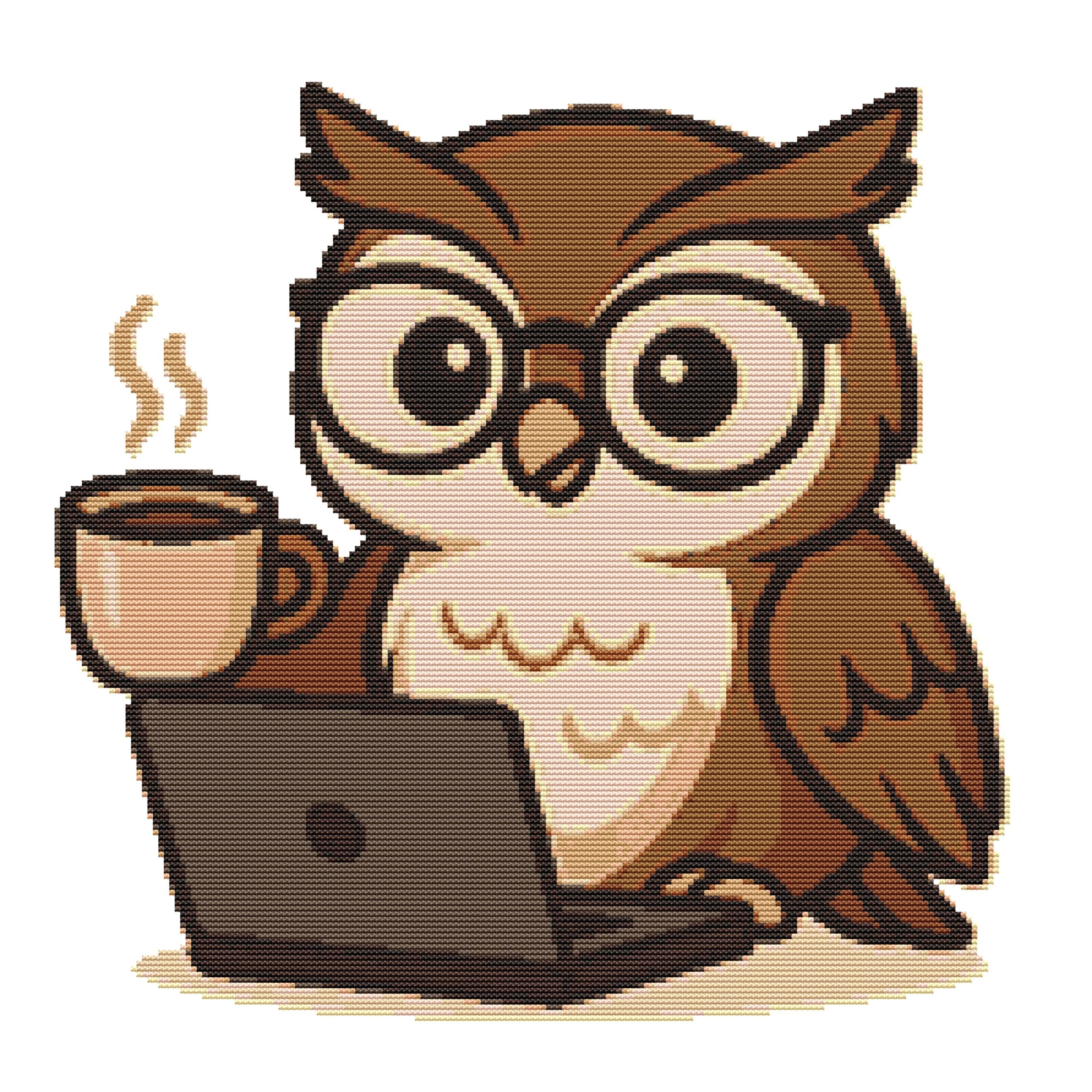 Owl drinking coffee with laptop - Cross stitch pattern