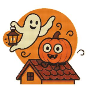 Pumpkin on the roof for Halloween - Cross stitch pattern