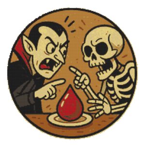 Vampire and Skeleton Argue Over a Drop of Blood on Halloween - Cross stitch pattern