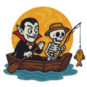Vampire and Skeleton Go Fishing for Halloween - Cross stitch pattern