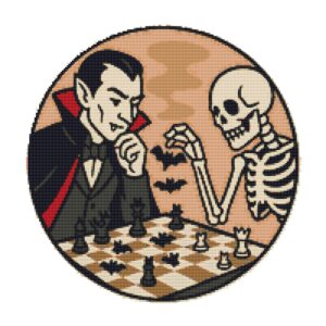 Vampire and Skeleton Play Chess Halloween - Cross stitch pattern