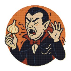 Vampire sniffs garlic on Halloween - Cross stitch pattern