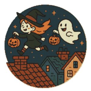 Witch and Ghost on the Rooftops for Halloween - Cross stitch pattern