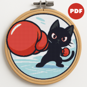 A black cat with a red boxing glove - Cross stitch pattern PDF