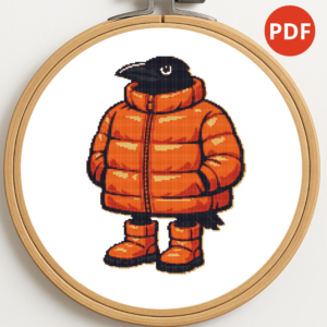 A crow in a fashionable orange down jacket - Cross stitch pattern PDF