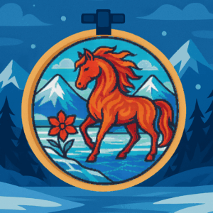 A fire horse with a red flower. Symbol of 2026 - Cross stitch pattern PDF