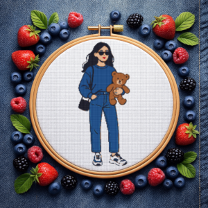 A girl in jeans and with a teddy bear - Cross stitch pattern PDF