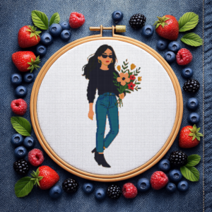 A girl in jeans and with flowers - Cross stitch pattern PDF