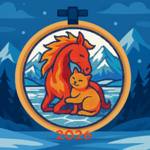 A horse and a cat on ice. Symbol of 2026 - Cross stitch pattern PDF