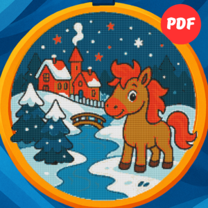 A horse in a winter village - Cross stitch pattern PDF