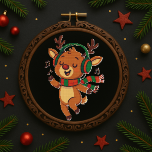 Christmas reindeer listening to music - Cross stitch pattern PDF