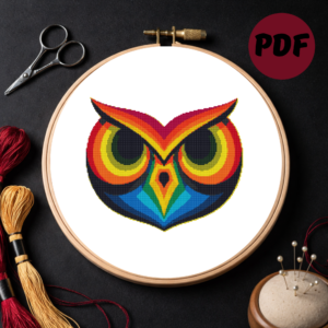 Owl face made of colored lines - Cross stitch pattern PDF