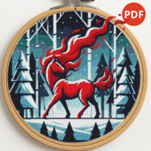 Red Fire Horse - Symbol of 2026 - Walks in a Snowy Forest - Cross stitch pattern PDF