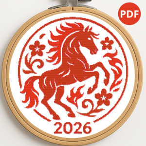 Red Fire Horse with Patternd - Cross stitch pattern PDF