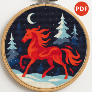 Red fiery horse at night in the forest among the fir trees - Cross stitch pattern PDF