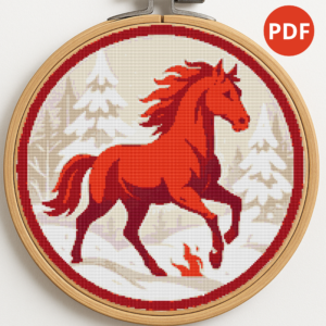 Red horse against the background of winter and forest - Cross stitch pattern PDF