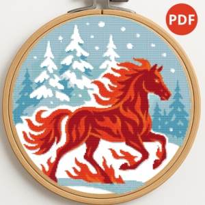 Red horse running in the snow - Cross stitch pattern PDF