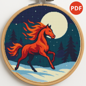 Red horse runs at night against the backdrop of a large moon - Cross stitch pattern PDF