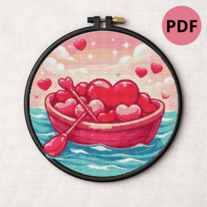 A boat with hearts floats on the sea on Valentine's Day - Cross stitch pattern PDF