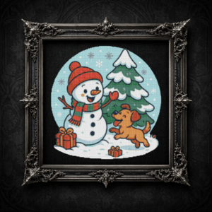 A cheerful snowman in a scarf and hat plays with a puppy near a snow-covered Christmas tree - Cross stitch pattern PDF
