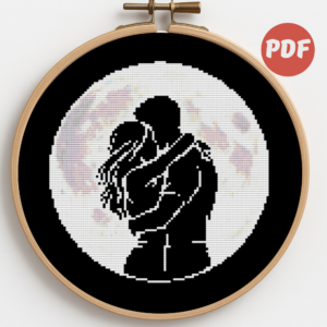 A couple in love against the moon on Valentine's Day - Cross stitch pattern PDF