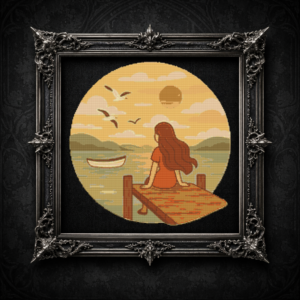 A girl is sitting on the pier - Cross stitch pattern PDF