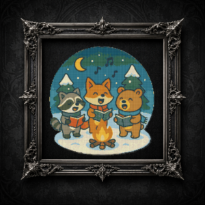 A group of animals sing Christmas songs around a campfire - Cross stitch pattern PDF