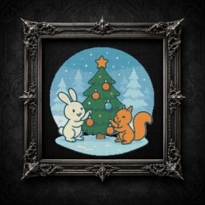 A little hare and a little squirrel are decorating a Christmas tree in the forest - Cross stitch pattern PDF