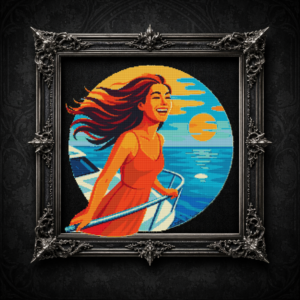 Beautiful girl with long flowing hair sails on a white yacht on the azure sea - Cross stitch pattern PDF