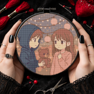 Boy gives teddy bear to girl for Valentine's Day - Cross stitch pattern PDF