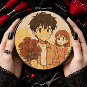 Boyfriend Waits for Girlfriend with Flowers on Valentine's Day - Cross stitch pattern PDF