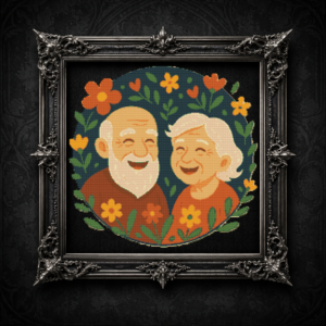Elderly couple laughing on floral background - Cross stitch pattern PDF
