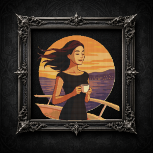 Elegant girl against the sunset, standing on the deck of a yacht - Cross stitch pattern PDF
