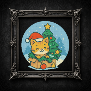 Fluffy kitten in Santa hat hides in box with tinsel and toys - Cross stitch pattern PDF