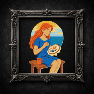 Girl embroidering against the backdrop of the sea - Cross stitch pattern PDF