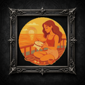 Girl embroidering at sunset - Cross stitch pattern PDF