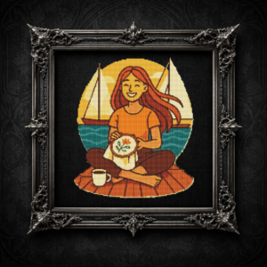 Girl resting with embroidery against the backdrop of the sea and a ship - Cross stitch pattern PDF