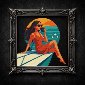 Graceful girl with long hair and sunglasses lies on the bow of a yacht - Cross stitch pattern PDF