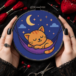 Kitten sleeps in a hammock at night - Cross stitch pattern PDF