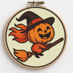 Pumpkin flies on a broom for Halloween - Cross stitch pattern PDF