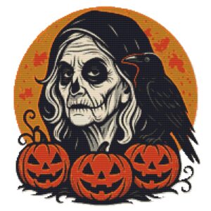 Old Lady Face With Raven For Halloween - PDF Cross Stitch Pattern