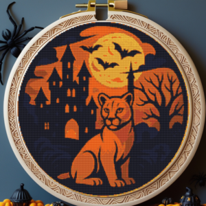 Puma in front of a castle for Halloween - PDF Cross Stitch Pattern