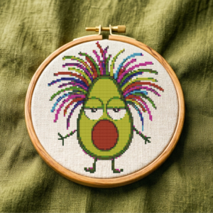 A tired green avocado with bright hair - Cross stitch pattern.